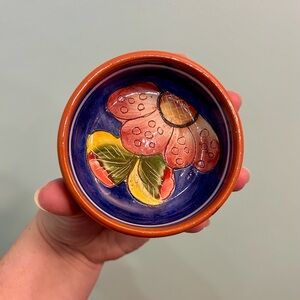 Vintage Portugal Pottery Hand Painted  Glazed Terra Cotta Floral Design Bowl 3”